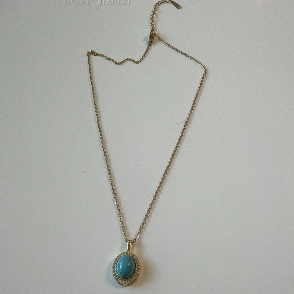 绿松石珠和玻璃石黄色金色链项链和吊坠 16 英寸 — 第 2/4 张图片