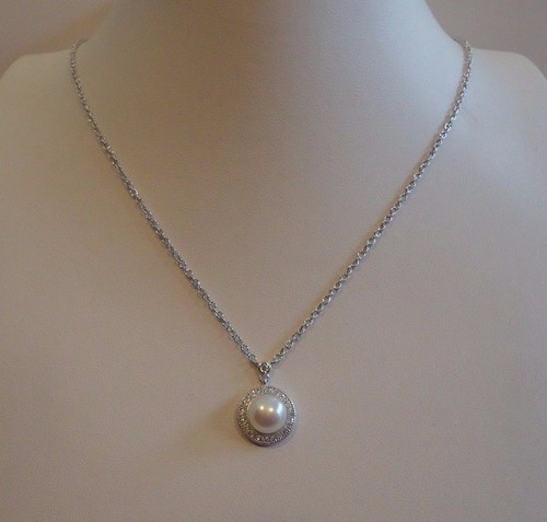 925 STERLING SILVER NECKLACE PENDANT 6.5MM WHITE PEARL & .50ct SIMULATED DIAMOND - Picture 3 of 5