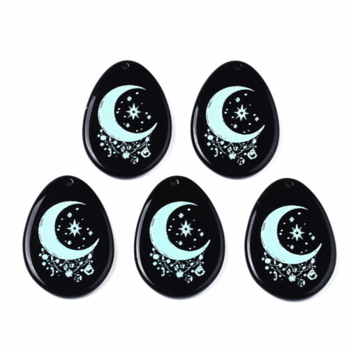 20pcs Acrylic Pendants Black Teardrop Dangle Charms Moon Pattern 29x21mm - Picture 1 of 2