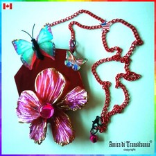 Art Deco Nouveau Jewelry Necklace Pendant Flower Nature Floral Butterfly Mirror