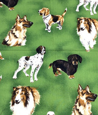 Dogs Collie Dachshund Spaniel Shepherd Green Cotton Fabric 1 Y 12