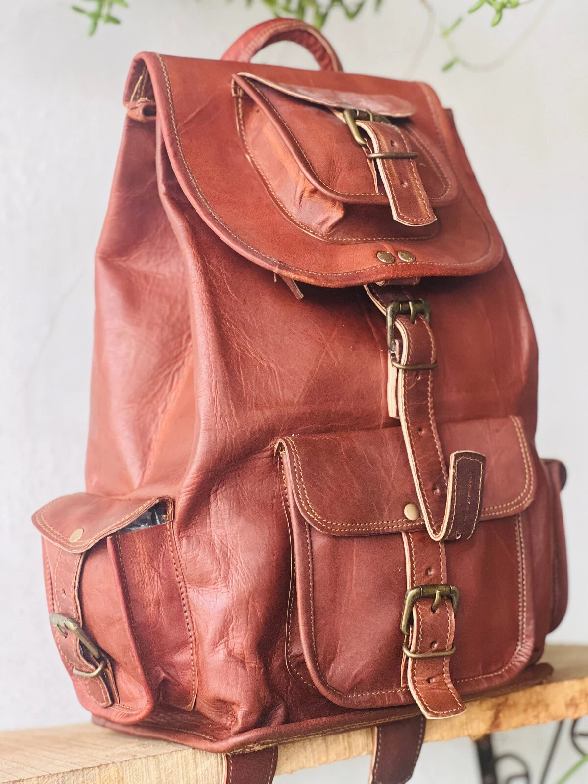 18" New Oil Finished Leather Backpack Rucksack Travel Bag For Men's and Women's