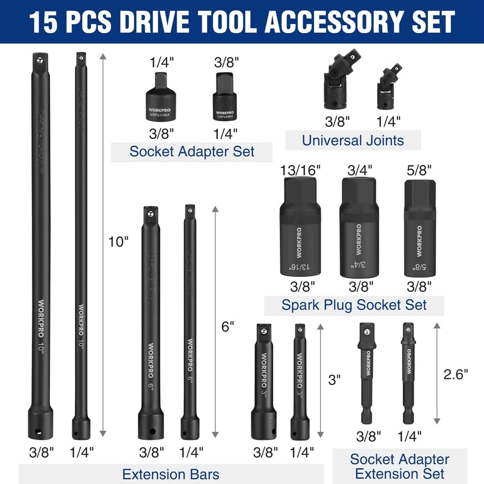 WORKPRO 15PC Drive Tool Accessory Set 1/4" & 3/8" Drive Socket Adapter Extension - Image 3 of 4