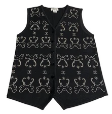 Vintage Sostanza Sweater Vest Womens M Black Beaded Wool Blend Holiday Chic 90s