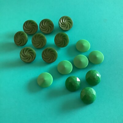 16 Vintage Green Round Assorted Shank Buttons Plastic Resin Swirl K36