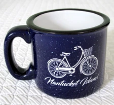 Nantucket Island w/Bicycle Coffee Mug Cup Engraved Blue Speckled M Ware Rare