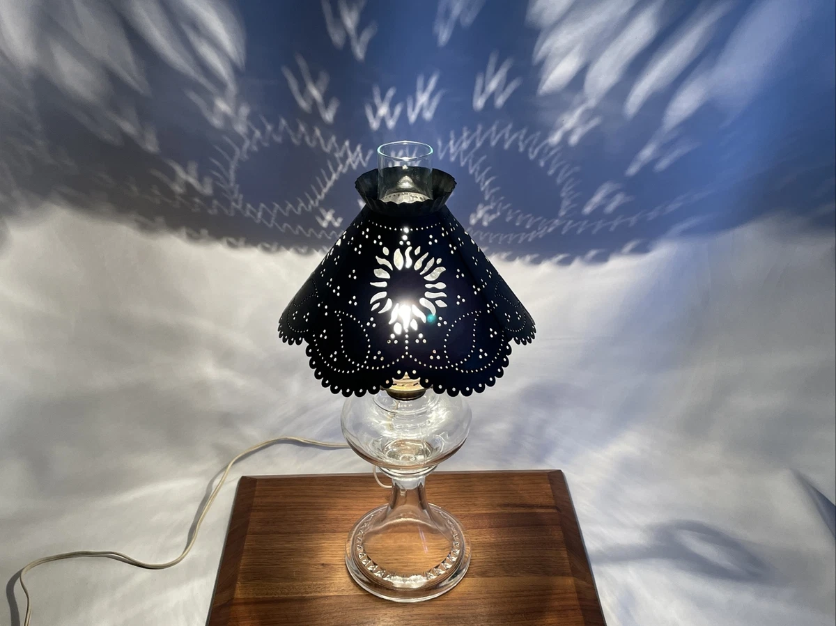 Vtg Victorian Farmhouse Converted Glass Oil Lamp Punched Tin Tole