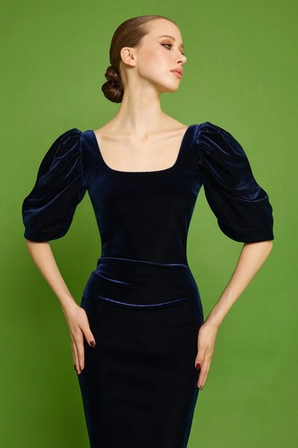 NWT Chiara Boni Fujita Velvet Puff-Sleeve Dress 8U.S./44IT in Blu Notte MSRP$795 - Picture 6 of 12