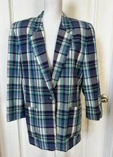 Vintage Norm Thompson Plaid Cotton Blazer Jacket Blue Teal White Size 8 EUC