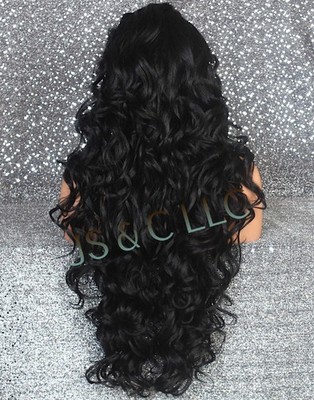 Human Hair Blend Lace Front Wig Long Black Heat OK Mono part 1 RBPR