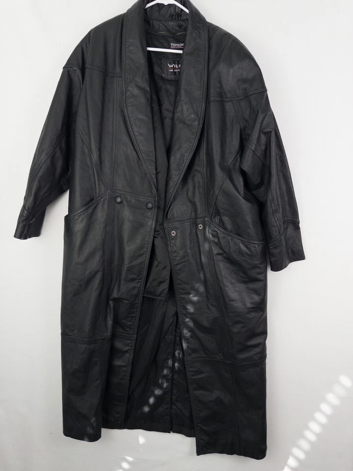 Wilsons 皮革 Thinsulate Trench Coat 男式黑色 M 实心按扣重口袋 — 第 3/4 张图片