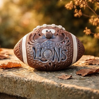 CB Pottery Whimsical Detroit Lions Football Coin Bank Funny Face NFL Theme