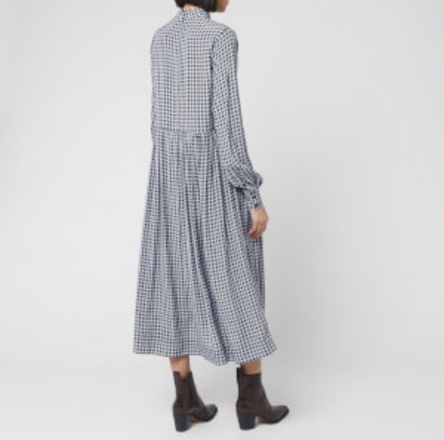 GANNI Printed Crepe Long Sleeve Dress Brunnera Blue Checked Modest Size 42 Large - Picture 4 of 16