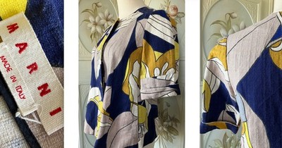 AUTH MARNI ITALY LINEN BLOUSE SHORT SLEEVE TOP FLORAL BLUE YELLOW ECRU 38 EUC