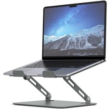 Grey Metal Laptop Stand for Desk with Heavy Base Adjustable Height Riser