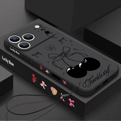 Silikon Schleife Kirschmotiv Hülle für iPhone 16 17 Pro Max 15 14 13 Handykette