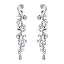 Bridal Flower Wave Austrian Crystal Dangle Earrings Silver-Tone - Clear