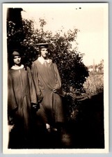 Vtg B&W Snapshot Graduates Cap Gown Outdoors 1930s