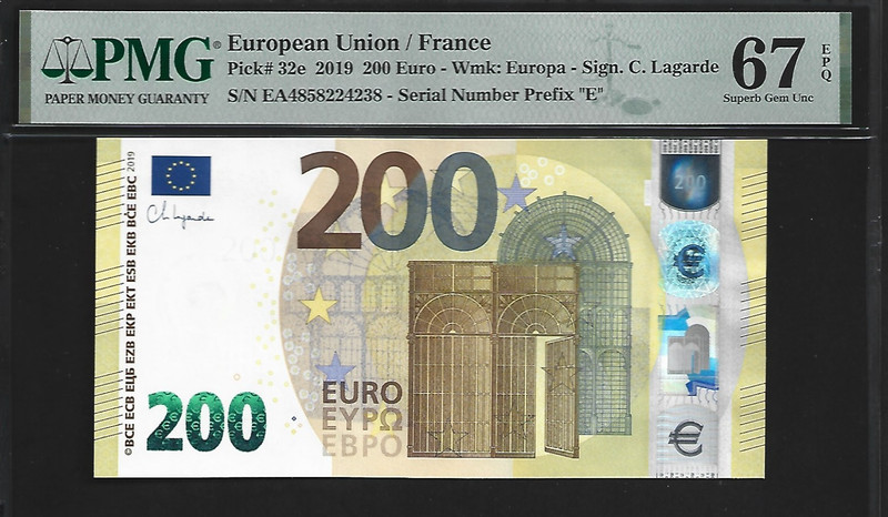 European Union /France 200 Euro 2019 PMG 67 EPQ UNC Pi#32e Series Prefix "E"