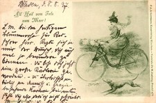 Signora con bicicletta, cane, spedita a Baden-Baden nel 1897