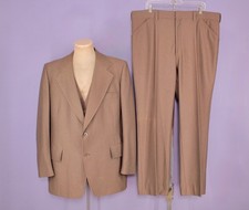 Men's VTG 70s Tan / Beige 3 PC Polyester Leisure Suit Sz XL 1970s Disco
