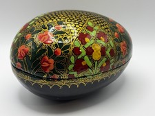 Vtg Large Papier Mache Easter Egg Storage Trinket  Boxes, Floral Black Design 