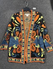 Flying Tomato Sweater Womens Small Black Orange Open Front Cardigan Paisley Boho