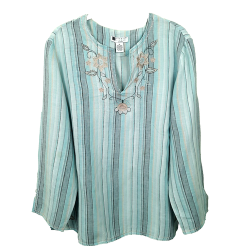 Carol Little Linn Bluse Damen Größe 1X bestickt türkis Streifen Strand Boho - Bild 2 von 7
