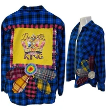 Christian Upcycled Flannel Shirt Womens 1X Blue Grunge Shacket Crown Art To Wear