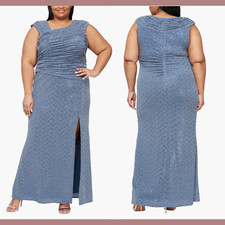 NWT 245 Alex Evenings 20W Sequin Ruched Neck Sparkle Knit Gown Blue G1175