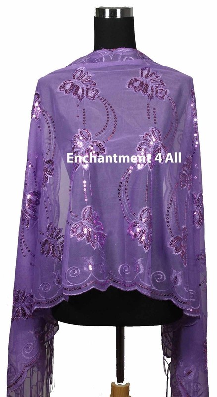 Elegant Handmade Lace FLORAL Scarf Shawl Wrap w Sequin & Crochet Fringe Purple 2
