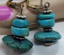 Handmade Blue Turquoise Stone Pierced Earrings Multi Stone Gold Tone 1.5"