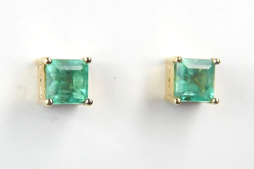 Colombian Emerald Earrings Square Cut 1.52 Cts 18K Yellow Gold