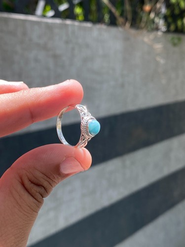 Tiny Larimar Gemstone Ring 6mm Round Women Ring 100% Natrual Ethnic Handmade Rin - Picture 2 of 8