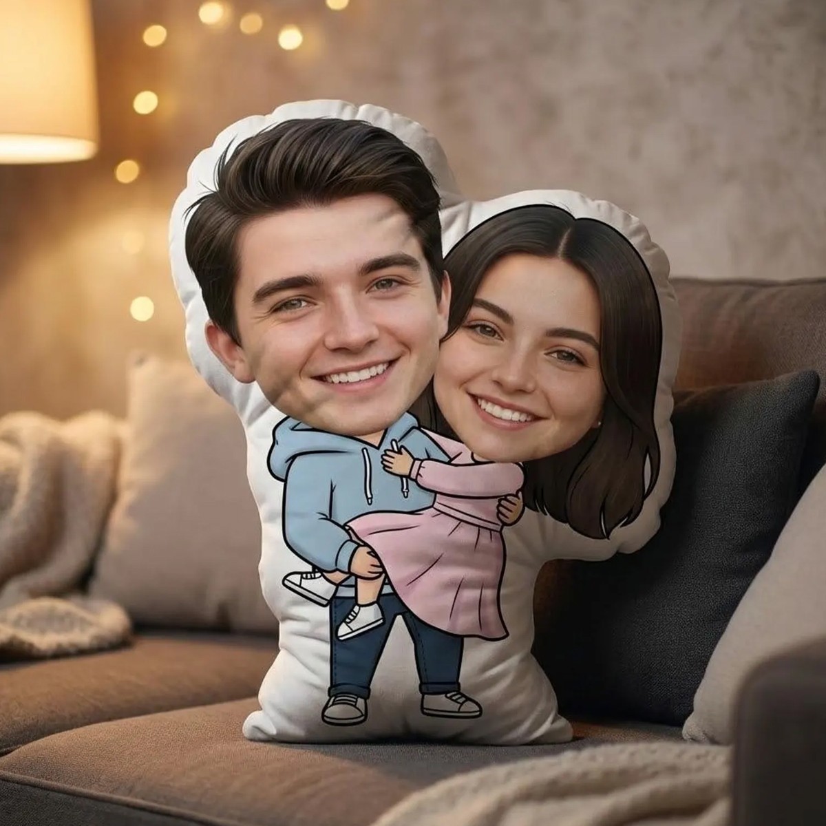 Personalized Plush Pillow - Custom Cartoon Couple Design with Photo Face Gift