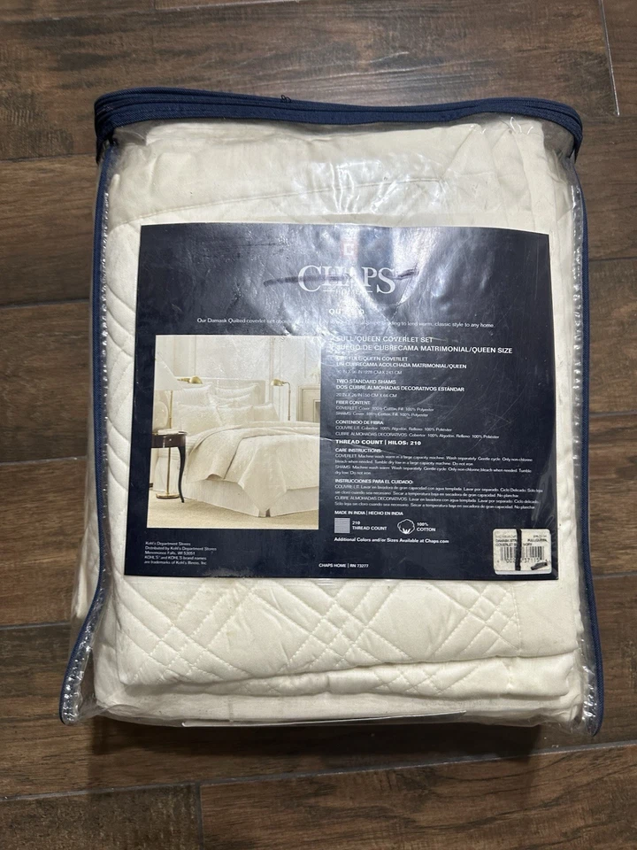New CHAPS Home Damask Quilted Ivory Full/Queen Coverlet Set 3 Pc - Image 2 of 3