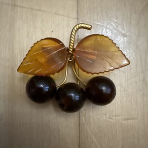 Authentic Vintage Baltic Amber Brooch Pin Cherry & Leaves Russian Soviet Gold Plated