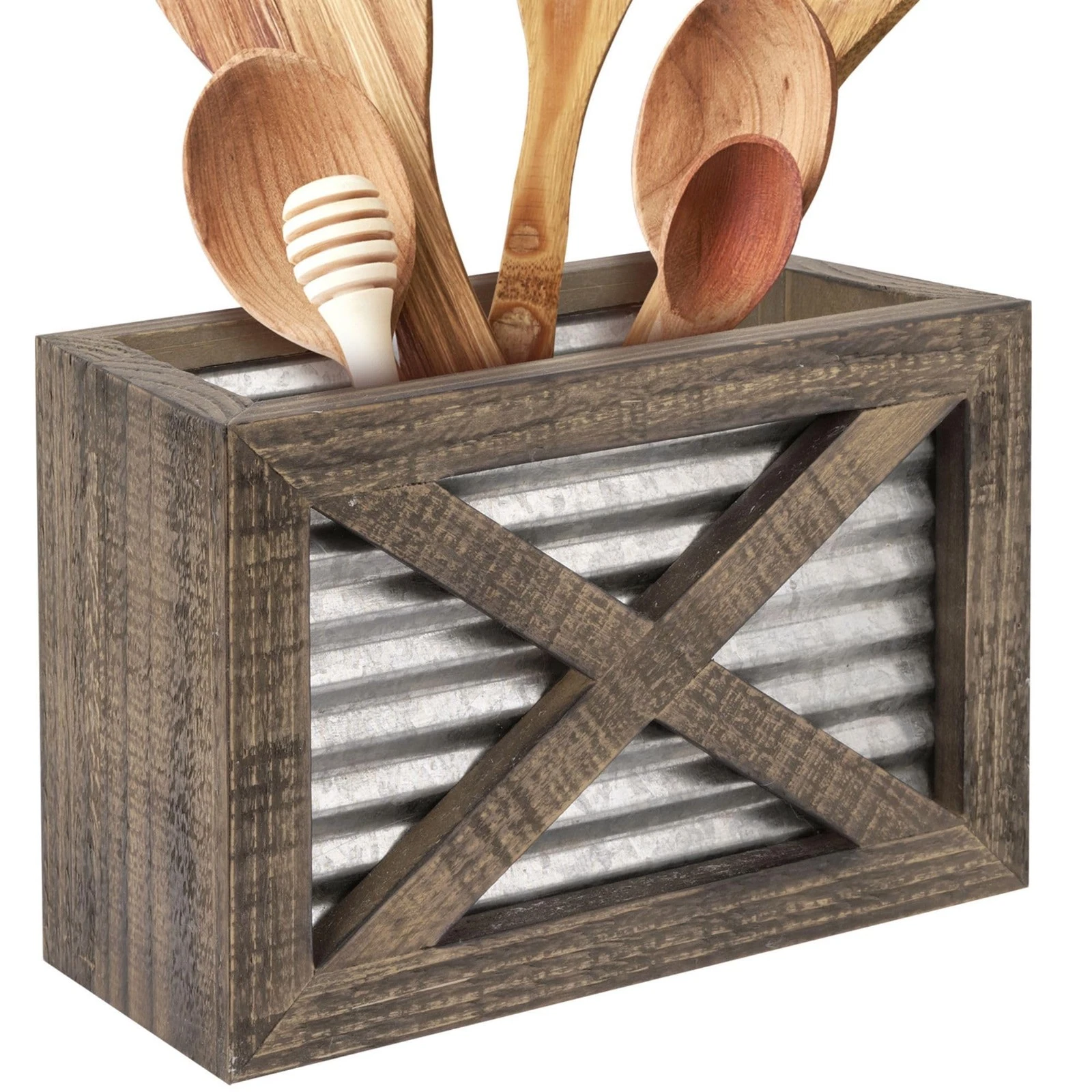 Barn Door Rustic Wooden Kitchen Utensil Holder - Galvanized Accents - Farmhou...