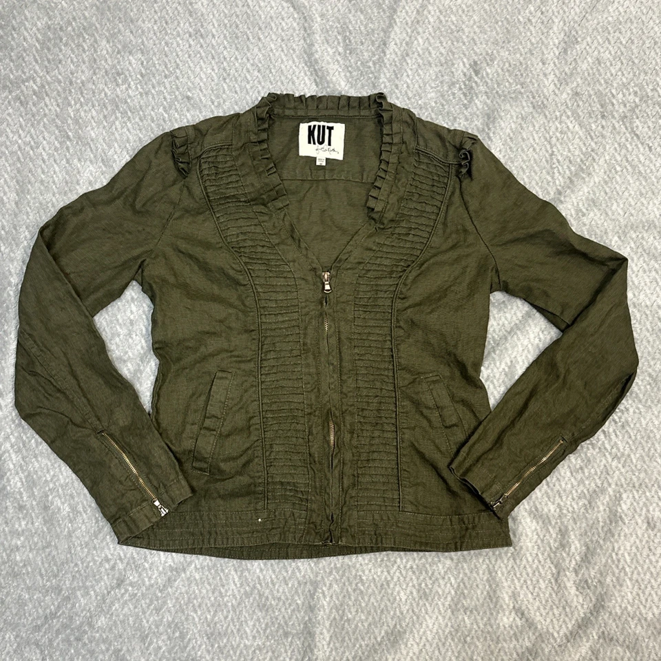 Kut from the Kloth Linen Jacket Womens M Army Green Blazer Full Zip Canvas Coat - Image 3 of 4