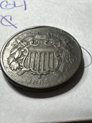 1864 Two Cent Piece 2C FULL MOTTO Ungraded Civil War Date US Copper Coin - Picture 2 of 5