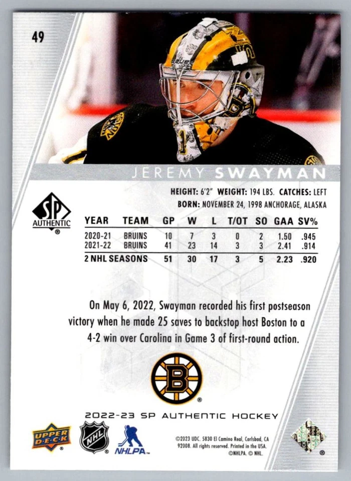 2022-23 SP Authentic Jeremy Swayman Boston Bruins #49 - Image 2 of 2