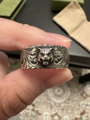 Gucci Feline Sterling Silver Head Ring, Size 23 Italy / 10.5 USA