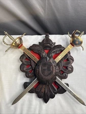 Vintage Toledo Crossed Swords Spain Spanish 1970's Wood Plaque Large Complete