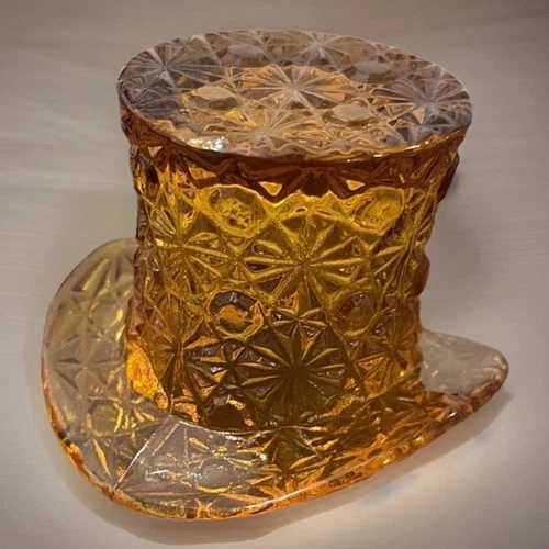 Vintage Fenton Style Art Glass Crystal Amber Top Hat "Daisy & Button 2”T X 3”w