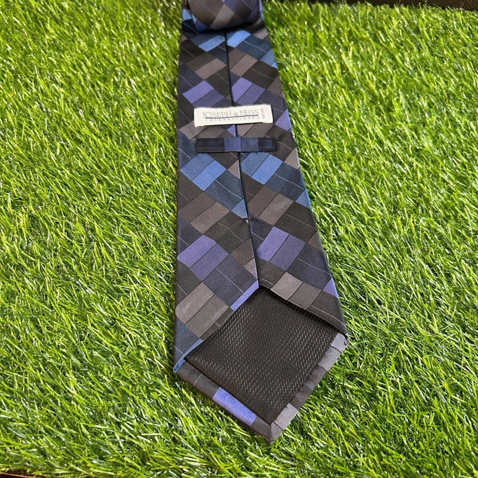 Corbata de seda Joseph & Feiss azul gris patrón cuadrado negocios carrera para hombre Foto 3 de 4