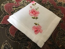 Vintage Pink Embroidered Roses Hankie VGC   