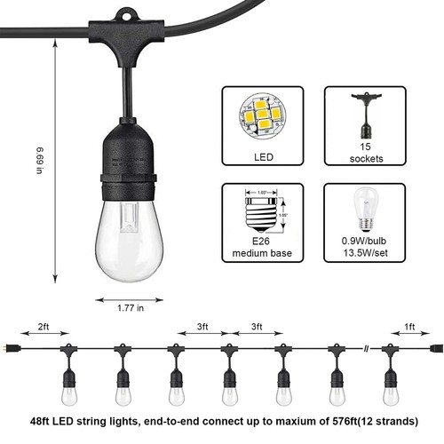Banord LED 48 Foot 2 Watt String Lights, 17 Shatterproof Bulbs (For Parts) - 第 2/7 張圖片