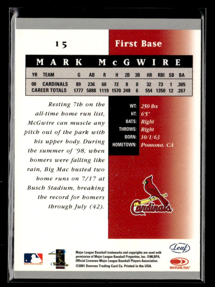 2001 Leaf Donruss #15 Mark McGwire EX - Image 2 of 2