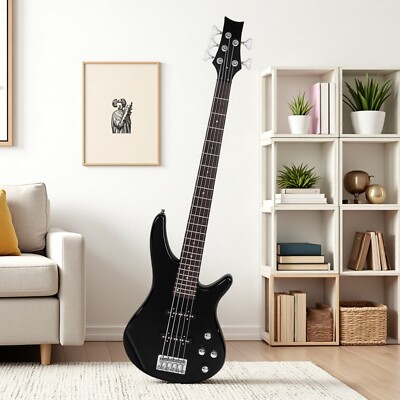 5-String Beginner P-Style Electric Bass Guitar - Full Size JJ Pickups Amp Black