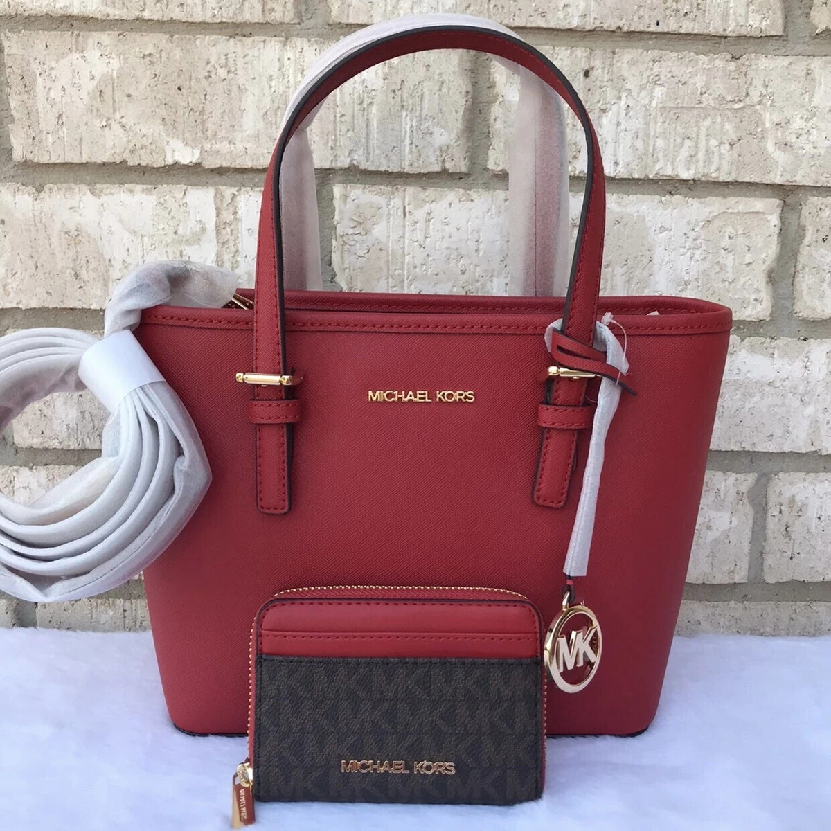 Michael Kors Jet Set XS Carryall Tote Crossbody Bag Red Flame Brown + Zip  Wallet